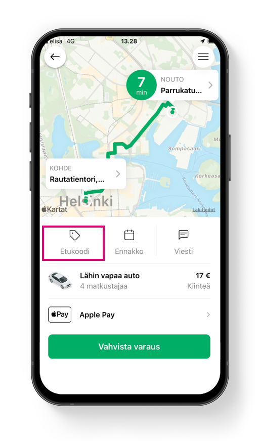 Tilatessa klikkaa etukoodit -kohtaa