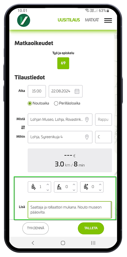 Syötä matkan lisätiedot