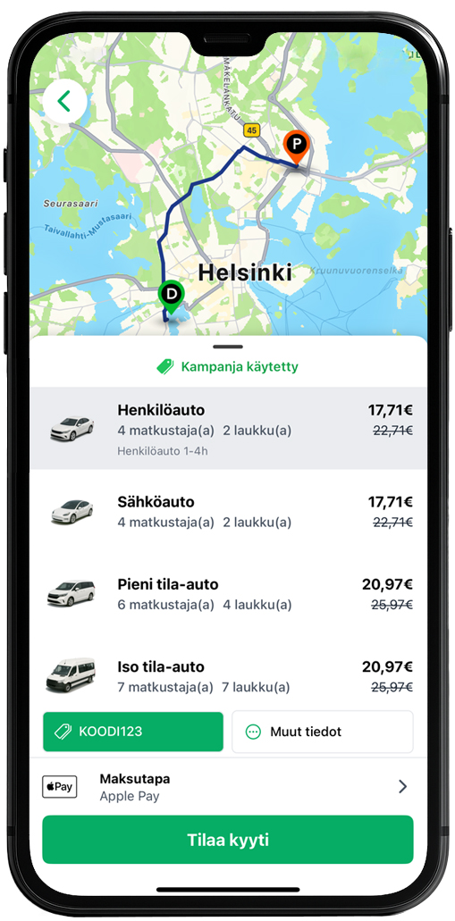 Tilatessa etukoodi on käytettävissä automaattisesti