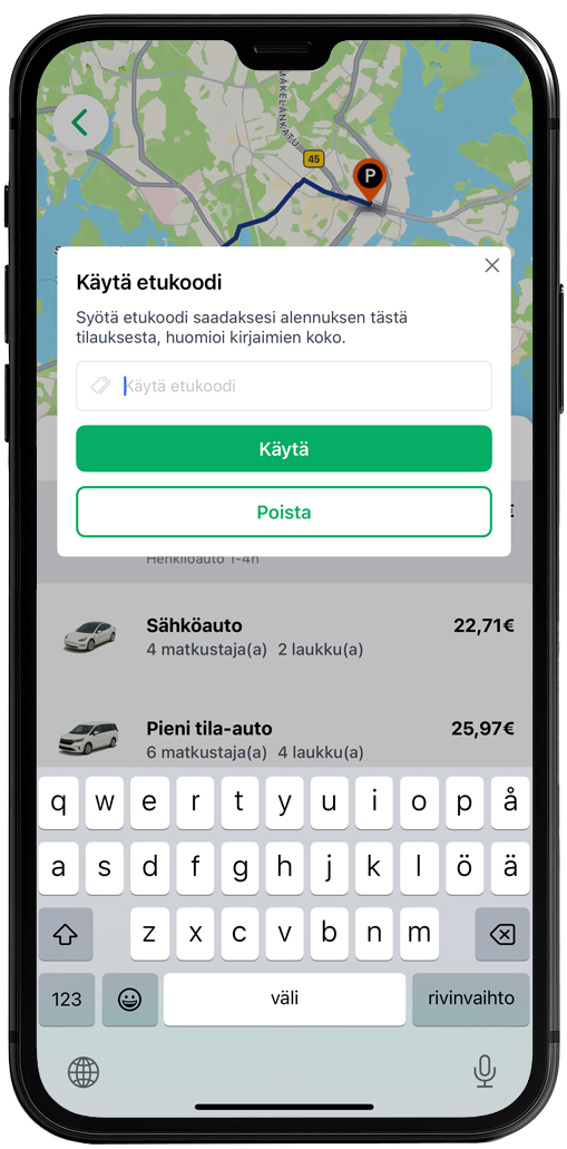 Etukoodin syöttäminen tai vaihtaminen sovelluksessa