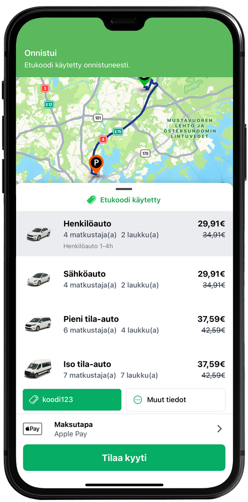 Uusi etukoodi syötetty onnistuneesti