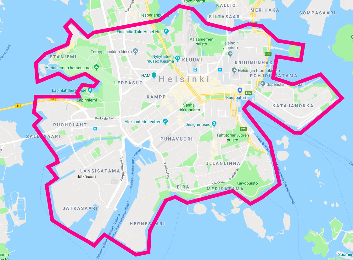 Helsingin keskusta-alue rajattu hesperian puiston ja pitkänsillan sekä lauttasaaren siltojen kohdalta punaisella viivalla.